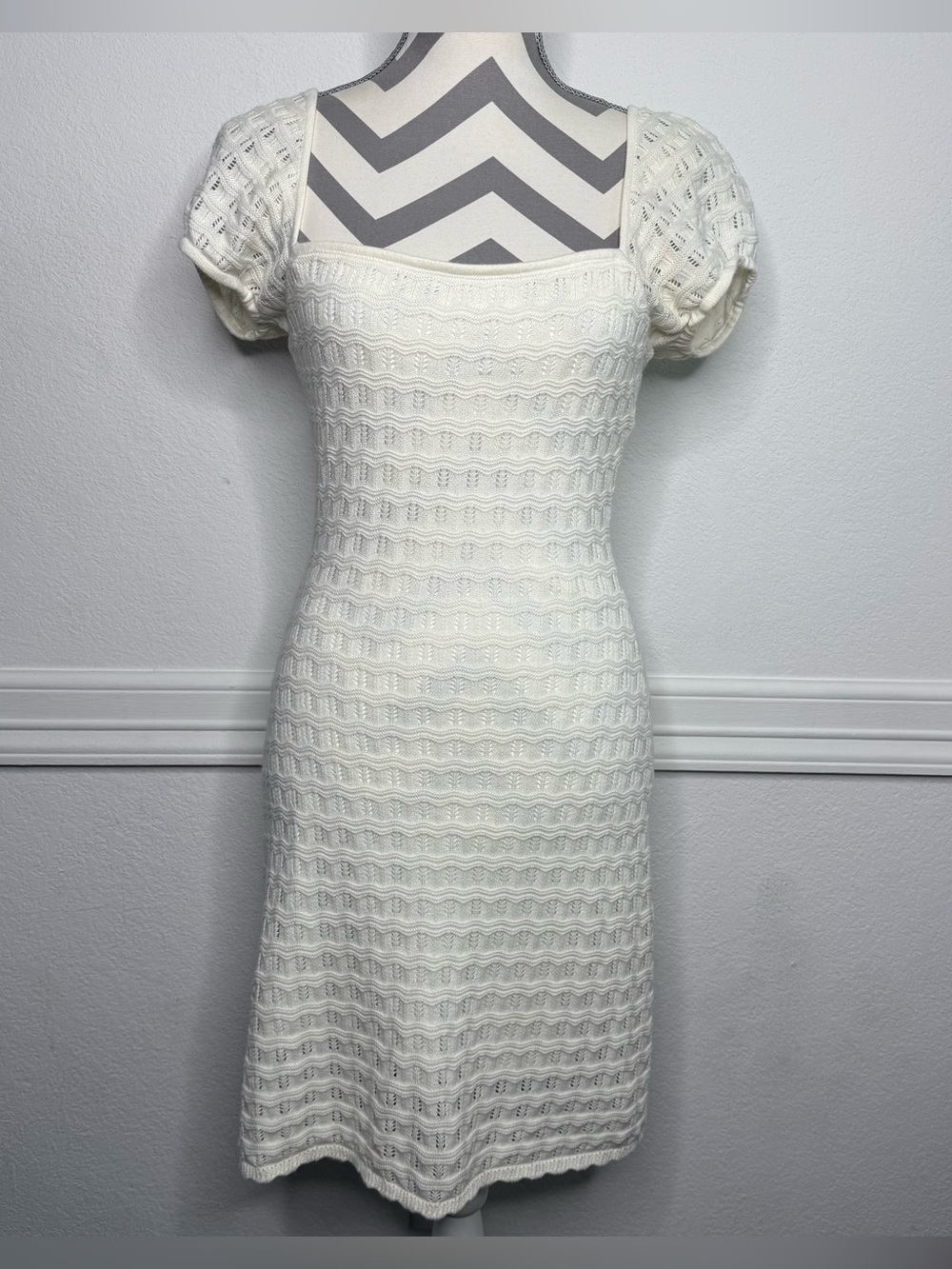 Hollister Cream Knit Crochet Puff Sleeves Mini Dress Size S